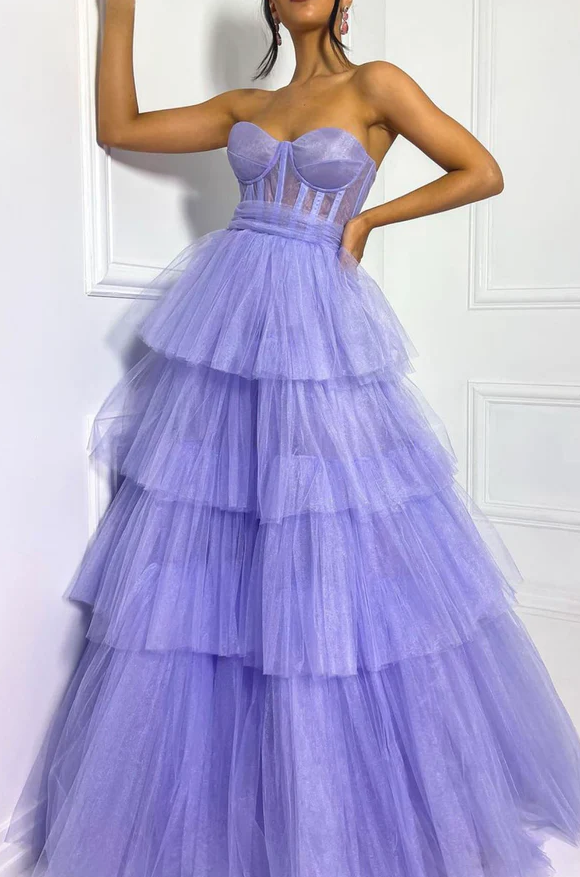 Purple tulle long prom dress A-line evening dress fg958
