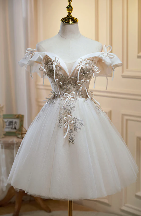 Champagne tulle sequins short prom dress homecoming dress fg960