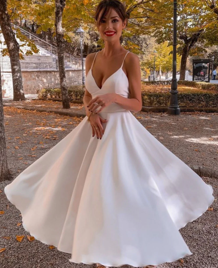 Simple V Neck White Prom Dress, Tea Length Saint Formal Wedding Party Dress fg967