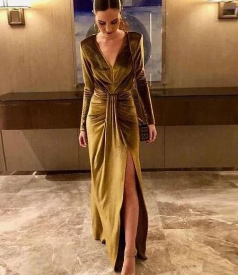 Sexy V-Neck Long Sleeve Split Velvet Prom Dress fg982