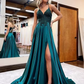 Elegant long a-line satin prom dresses v-neck split formal gown with lace appliques      fg3390