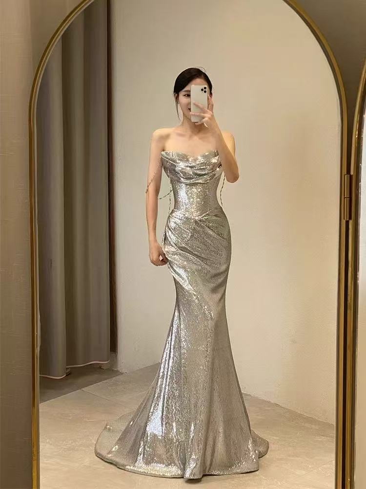 Elegant Mermaid Siver Sequin Prom Dress Sleeveless Evening Party Dress   fg7379