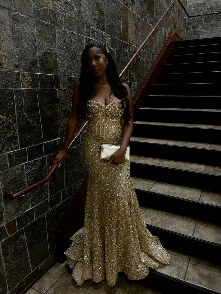 Gold Sequin Mermaid Long Prom Gown Evening Dress    fg7393