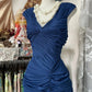 Navy Blue Mermaid Pleat Prom Dress Evening Party Dress   fg7385