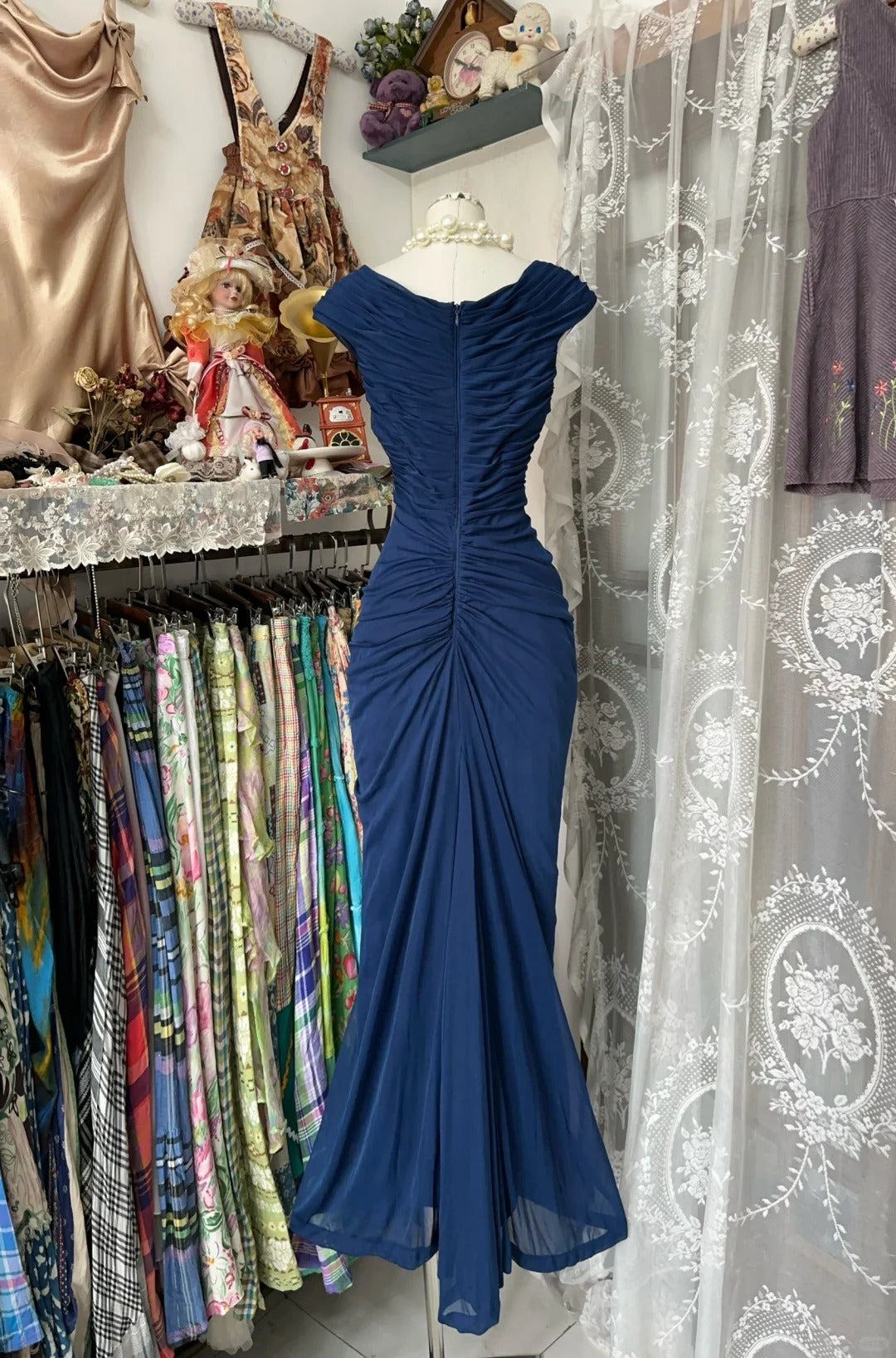 Navy Blue Mermaid Pleat Prom Dress Evening Party Dress   fg7385