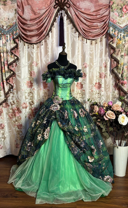 A Line Green Quinceanera Dress Ball Gown Off Shoulder Sweet 16 Dress      fg7356