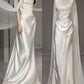 White Satin Pleats Straps Wedding Dress      fg5604