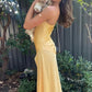 Yellow Spaghetti Straps Long Prom Dress With Slit      fg6898