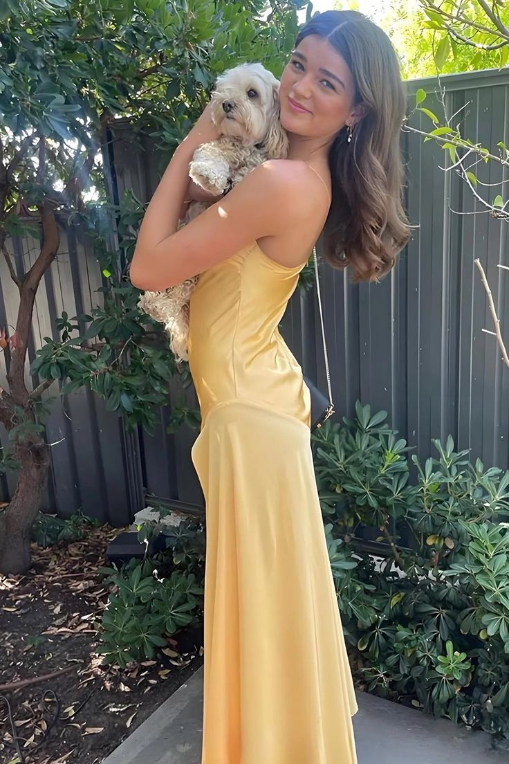 Yellow Spaghetti Straps Long Prom Dress With Slit      fg6898