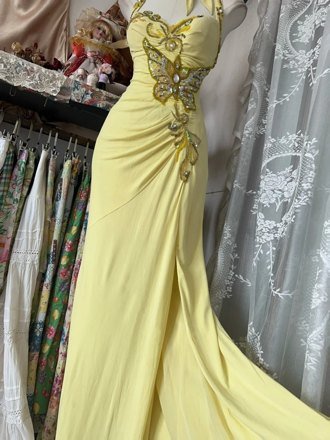 Yellow Halter Mermaid Long Prom Gown Evening Dress    fg7398