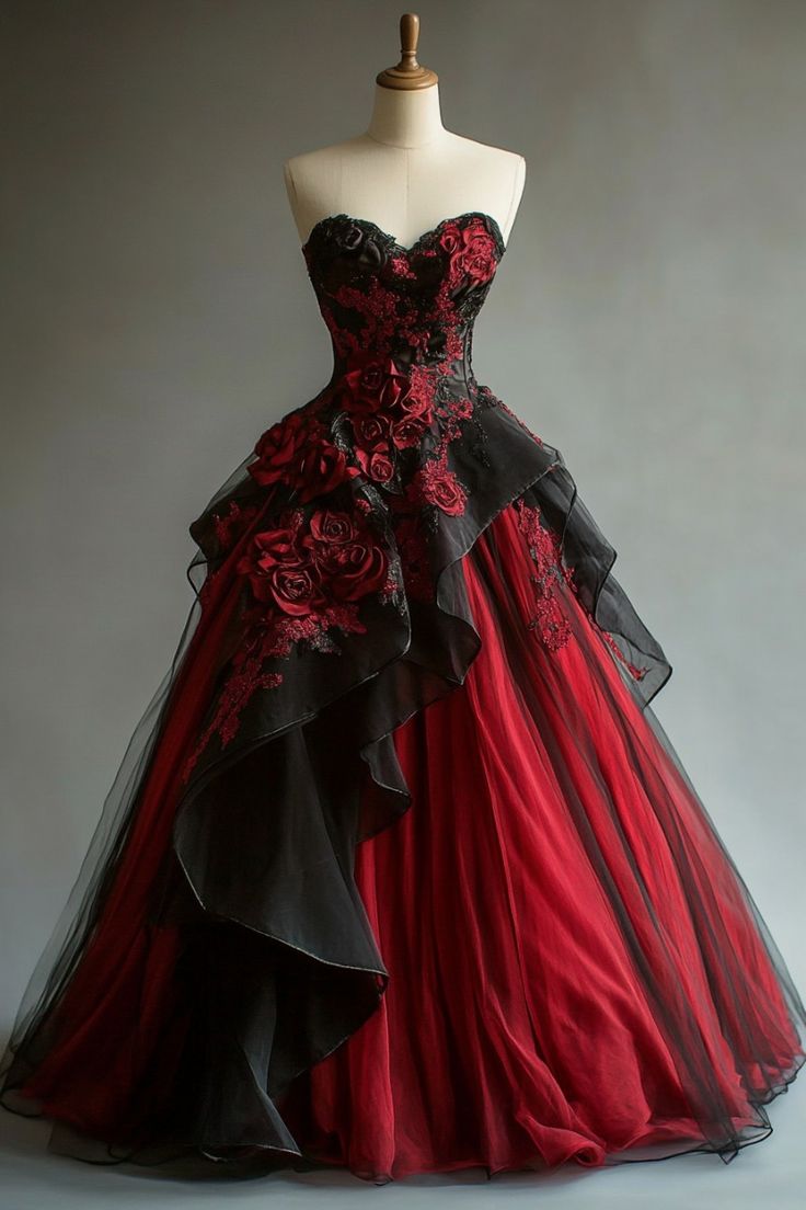 Stunning A Line Ball Gown Red And Black Long Prom Gown Evening Dress    fg7391