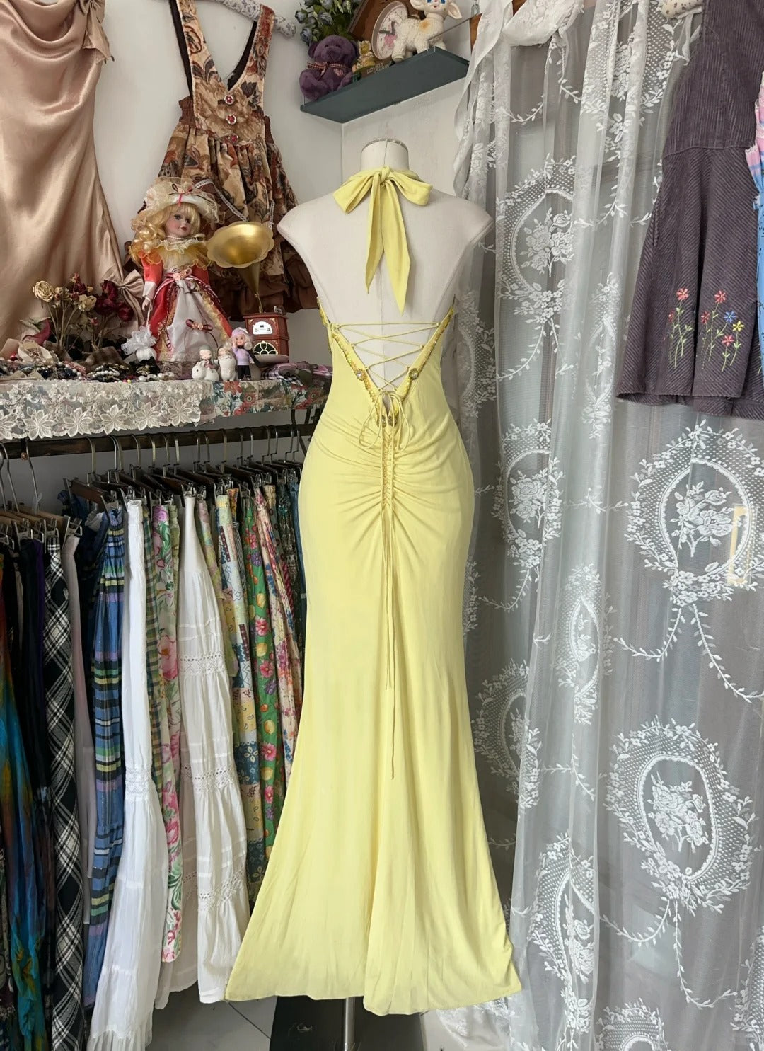 Yellow Halter Mermaid Long Prom Gown Evening Dress    fg7398