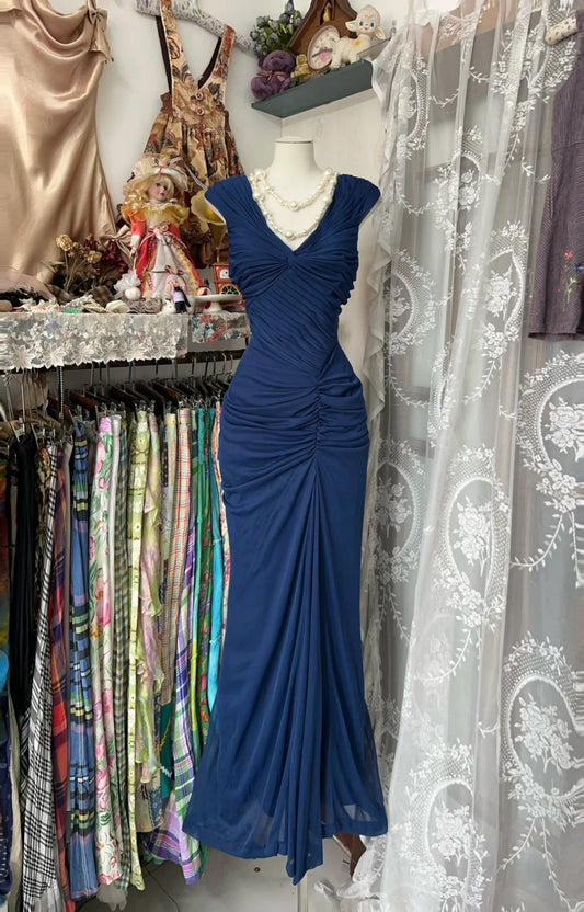 Navy Blue Mermaid Pleat Prom Dress Evening Party Dress   fg7385