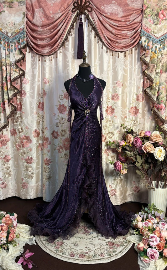 Grape Halter Prom Dresses Long Evening Party Dress    fg7348