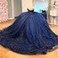 Navy Blue Mexican Quinceanera Dress Floral Applique Beaded Crystal Corset Sweet 16 Dress       fg6806