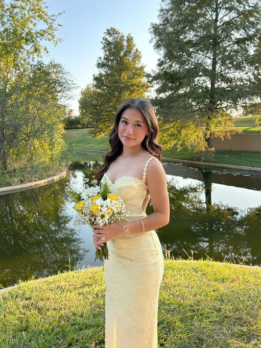 Pastel Yellow Prom Dress, Elegant Lace Evening Dress     fg7337