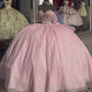 A-line Off The Shoulder Tulle Prom Dress Baby pink quince dress Ball Gowns      fg5244