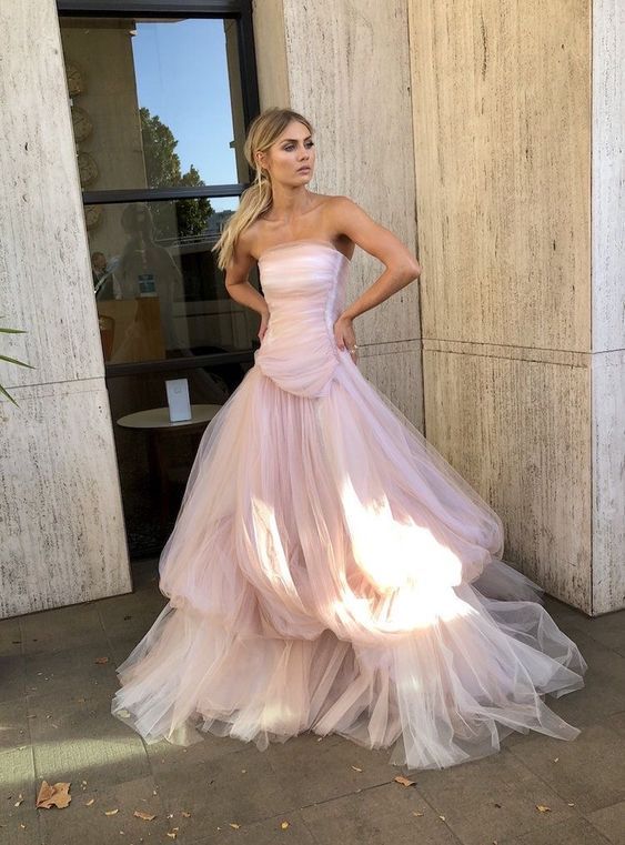 Light pink tulle long prom dress, pink tulle formal dress     fg1020