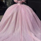 A-line Off The Shoulder Tulle Prom Dress Baby pink quince dress Ball Gowns      fg5244