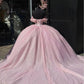 A-line Off The Shoulder Tulle Prom Dress Baby pink quince dress Ball Gowns      fg5244