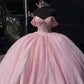 A-line Off The Shoulder Tulle Prom Dress Baby pink quince dress Ball Gowns      fg5244