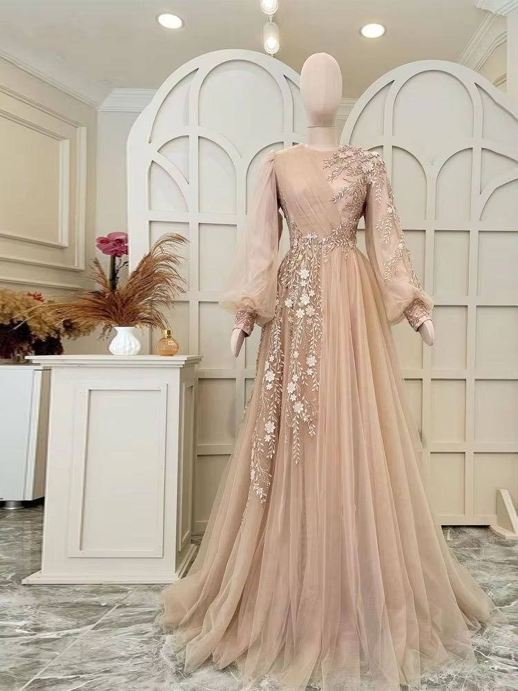 Elegant evening dress tulle muslim dress, wedding guest dress, champagne special occasion dress       fg6673