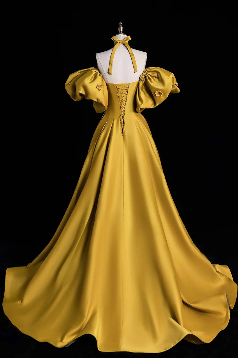 Yellow Satin Lace Long Prom Dress, Beautiful A-Line Off the Shoulder Evening Party Dress        fg6755