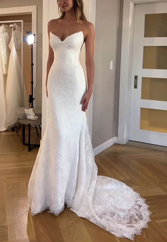 Mermaid V Neck Lace Long Wedding Dresses, Elegant Wedding Dress        fg7180