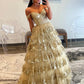 Gold A-Line Tulle Gold Sequin Long Prom Dress, Gold Long Evening Dress     fg5526