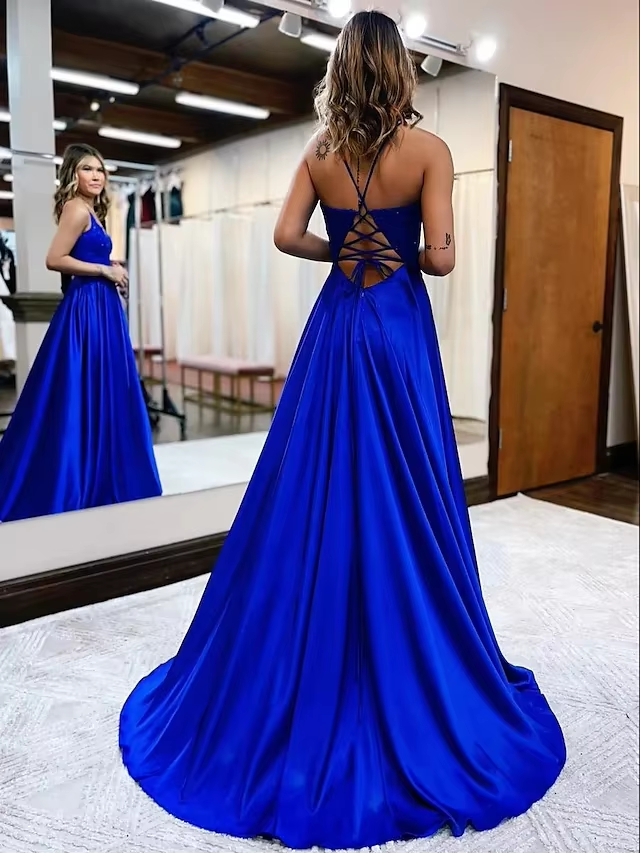 Elegant long a-line satin prom dresses v-neck split formal gown with lace appliques      fg3390