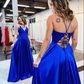 Elegant long a-line satin prom dresses v-neck split formal gown with lace appliques      fg3390