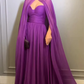 Elegant Purple Chiffon Long Evening Dress with Cape A-Line Pleated Floor Length Formal Prom Gown     fg7269