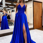 Elegant long a-line satin prom dresses v-neck split formal gown with lace appliques      fg3390