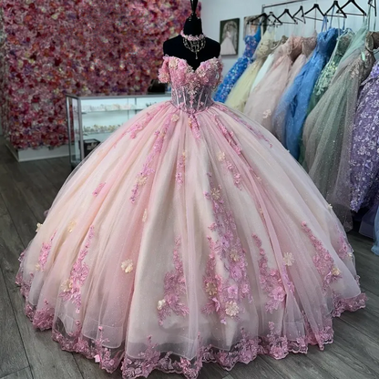 Quinceanera Ball Gown Pink Lace Applique 3D Floral Flower Off Shoulder Sweet 16 Dress    fg6738