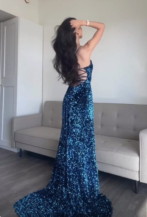 Mermaid Sequin Blue Long Prom Dress, Blue Evening Dress      fg6650