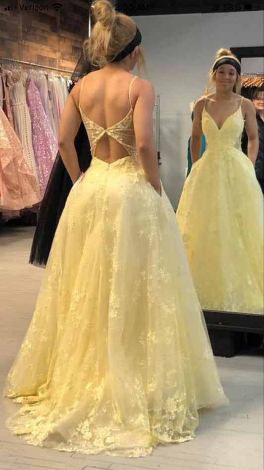 Yellow Lace Prom Dress Long Formal Dress Graduation School Party Gown   fg7050