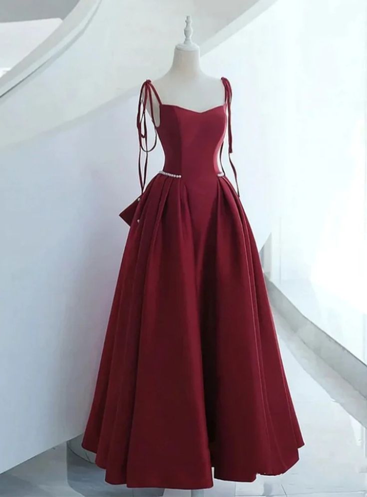 Wine Red Satin Long Formal Dress, Lace-up Fashion Straps Junior Prom Dress       fg6979