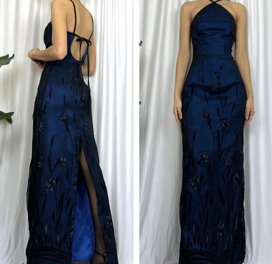 Navy Blue Floor Length Evening Dress Tulle Prom Dresses With Embroidered       fg7152