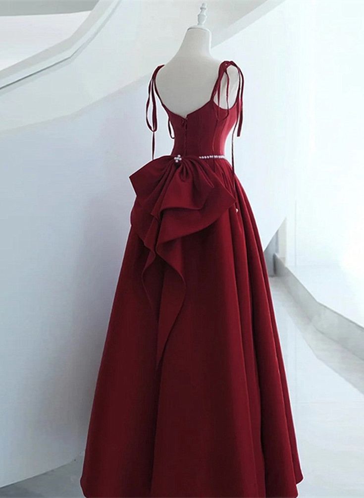 Wine Red Satin Long Formal Dress, Lace-up Fashion Straps Junior Prom Dress       fg6979