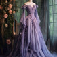 Purple Custom Dress Long Sleeve Floral Applique A-Line Long Evening Dress     fg7191