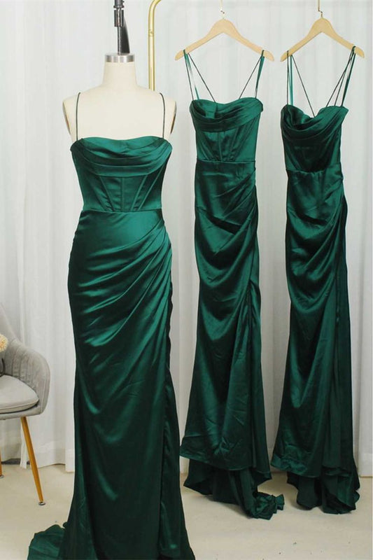 Straps Dark Green Mermaid Long Bridesmaid Dress,Modest Satin Formal Dresses       fg7169