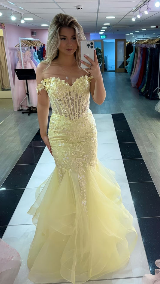 Yellow Mermaid Lace Evening Prom Dress, Long Party Formal Dresses      fg7181