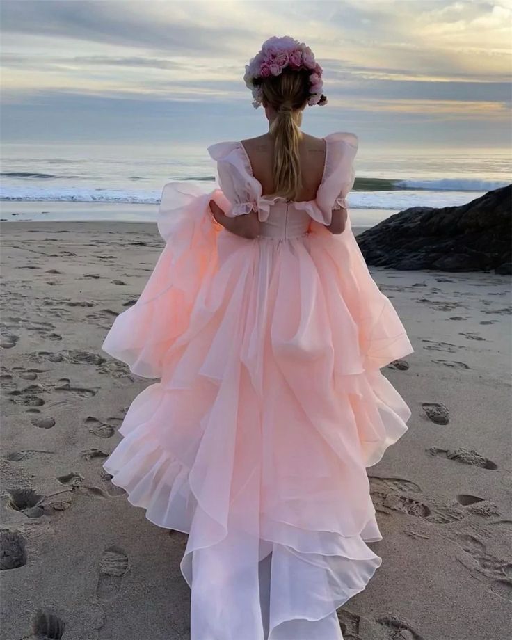 Pink Prom Dresses Short Puff Sleeves Ruffles Prom Party Gowns Princess Formal Dresses      fg7218