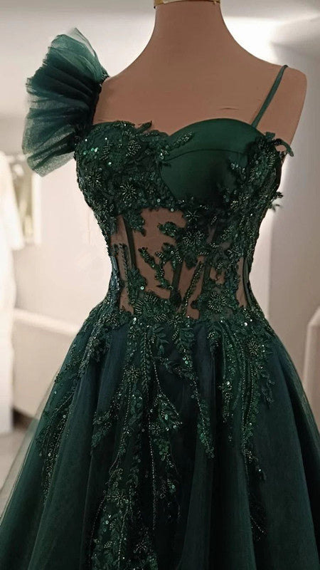 Green Long A-Line Prom Dress, Spaghetti Straps Evening Dress    fg6998