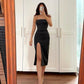 Black evening dress, mid-length dress with slit      fg7085