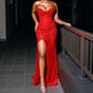 Red strapless mermaid prom dress long evening dress with slit       fg7106