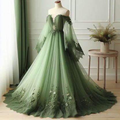 Green Off The Shoulder Wedding Dress Lace Applique V-Neck Tulle Bridal Gown       fg7192