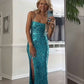 Blue Mermaid Spaghetti Straps Sexy Side-slit Prom Dress Sparkly blue prom dress    fg7179