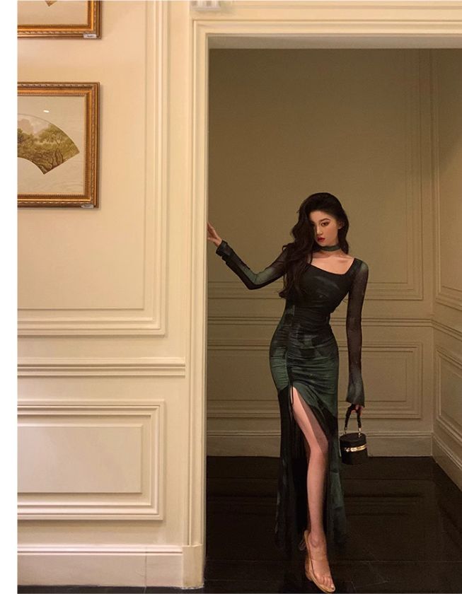 Chic Sheath Square Neckline Long Sleeves Green Long Prom Dresses Birthday Dress         fg7033