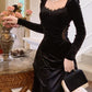 Vintage Balck Long Sleeve Dress Woman Elegant Fashion Velvet Prom Dresses     fg7012